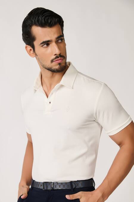Buy S&N By Shantnu Nikhil White Spandex, Viscose, Nylon Embroidery Plain Polo Neck T-shirt Online at Aza Fashions Buy_S&N By Shantnu Nikhil_White Spandex, Viscose, Nylon Embroidery Plain Polo Neck T-shirt_Online_at_Aza_Fashions
