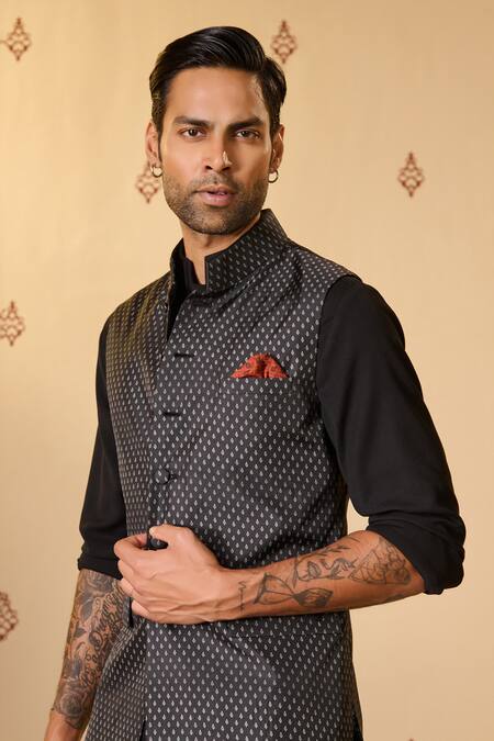 Buy S&N By Shantnu Nikhil Black Silk, Twill Embroidery Adamas Print Nehru Jacket Online at Aza Fashions Buy_S&N By Shantnu Nikhil_Black Silk, Twill Embroidery Adamas Print Nehru Jacket_Online_at_Aza_Fashions
