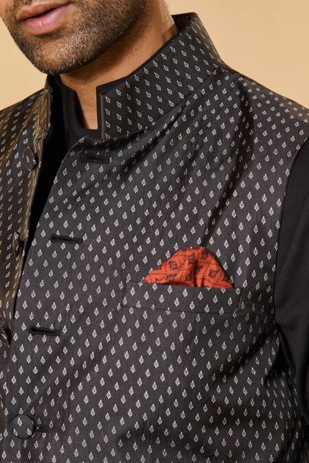 Shop S&N By Shantnu Nikhil Black Silk, Twill Embroidery Adamas Print Nehru Jacket Online at Aza Fashions Shop_S&N By Shantnu Nikhil_Black Silk, Twill Embroidery Adamas Print Nehru Jacket_Online_at_Aza_Fashions