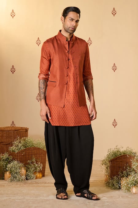 S&N by Shantnu Nikhil Orange Silk Twill Print Adamas Long Nehru Jacket 