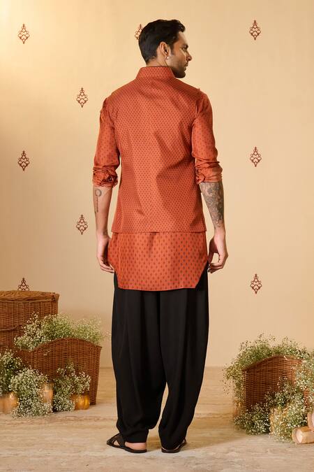 Shop S&N By Shantnu Nikhil Orange Silk, Twill Embroidery Rust Adamas Print Nehru Jacket at Aza Fashions Shop_S&N By Shantnu Nikhil_Orange Silk, Twill Embroidery Rust Adamas Print Nehru Jacket_at_Aza_Fashions