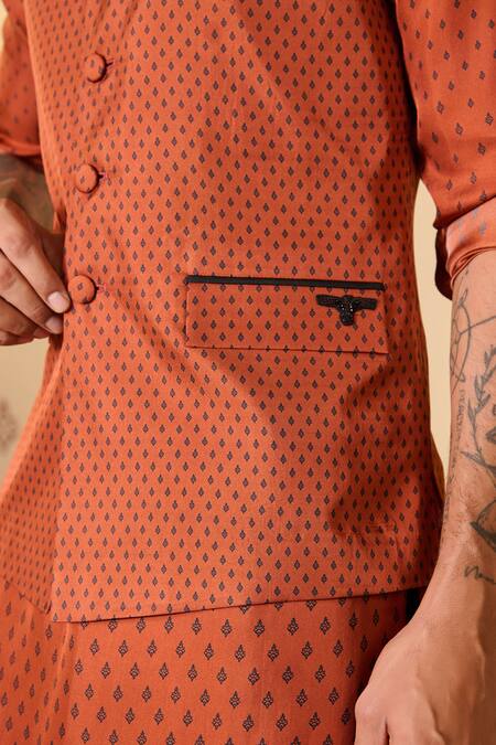S&N By Shantnu Nikhil Orange Silk, Twill Embroidery Rust Adamas Print Nehru Jacket Online at Aza Fashions S&N By Shantnu Nikhil_Orange Silk, Twill Embroidery Rust Adamas Print Nehru Jacket_Online_at_Aza_Fashions