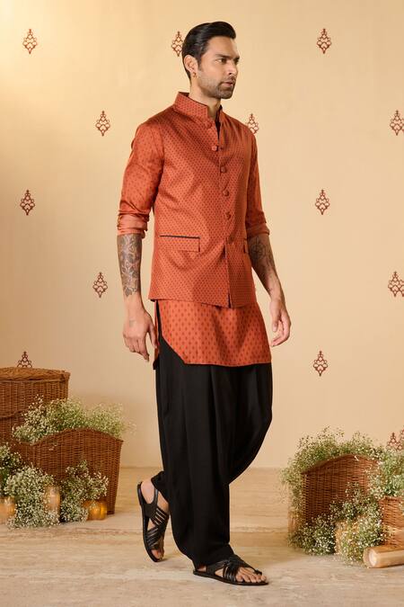 Buy S&N By Shantnu Nikhil Orange Silk, Twill Embroidery Rust Adamas Print Nehru Jacket Online at Aza Fashions Buy_S&N By Shantnu Nikhil_Orange Silk, Twill Embroidery Rust Adamas Print Nehru Jacket_Online_at_Aza_Fashions
