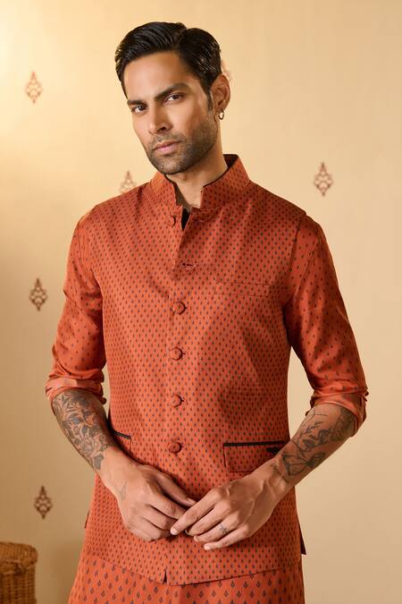 Shop S&N By Shantnu Nikhil Orange Silk, Twill Embroidery Rust Adamas Print Nehru Jacket Online at Aza Fashions Shop_S&N By Shantnu Nikhil_Orange Silk, Twill Embroidery Rust Adamas Print Nehru Jacket_Online_at_Aza_Fashions