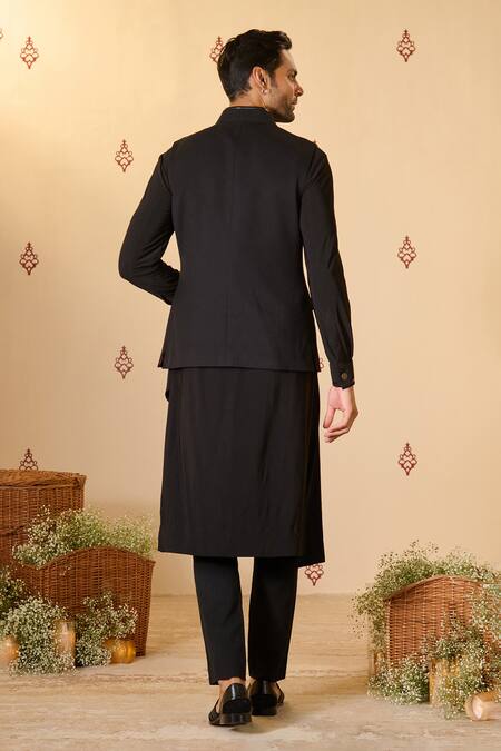 Shop S&N By Shantnu Nikhil Black Rayon, Twill Embroidery Logo Crest Nehru Jacket at Aza Fashions Shop_S&N By Shantnu Nikhil_Black Rayon, Twill Embroidery Logo Crest Nehru Jacket_at_Aza_Fashions