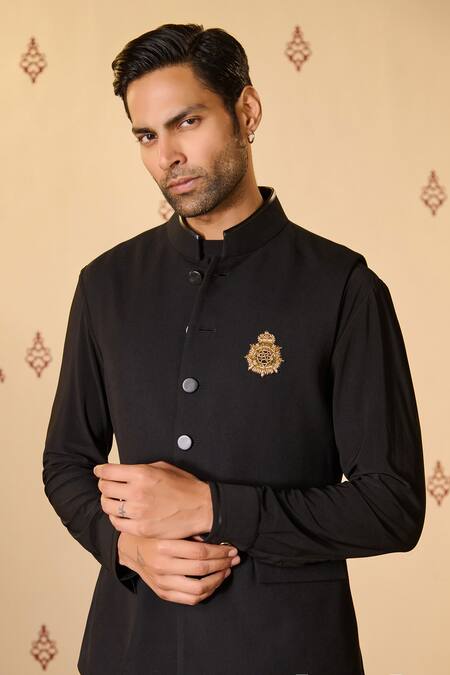 S&N By Shantnu Nikhil Black Rayon, Twill Embroidery Logo Crest Nehru Jacket Online at Aza Fashions S&N By Shantnu Nikhil_Black Rayon, Twill Embroidery Logo Crest Nehru Jacket_Online_at_Aza_Fashions