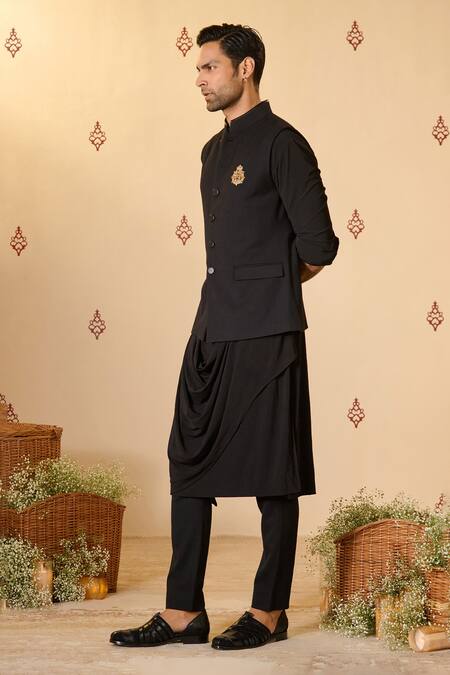 Buy S&N By Shantnu Nikhil Black Rayon, Twill Embroidery Logo Crest Nehru Jacket Online at Aza Fashions Buy_S&N By Shantnu Nikhil_Black Rayon, Twill Embroidery Logo Crest Nehru Jacket_Online_at_Aza_Fashions