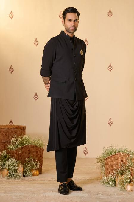 Shop S&N By Shantnu Nikhil Black Rayon, Twill Embroidery Logo Crest Nehru Jacket Online at Aza Fashions Shop_S&N By Shantnu Nikhil_Black Rayon, Twill Embroidery Logo Crest Nehru Jacket_Online_at_Aza_Fashions