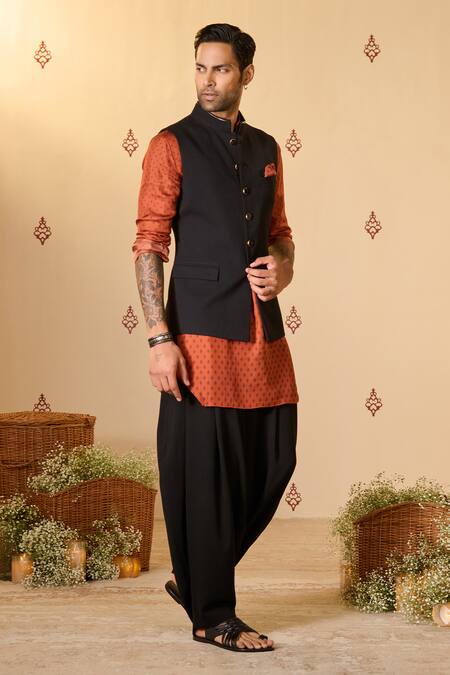 Buy S&N By Shantnu Nikhil Black Twill, Rayon Swirl Buttoned Nehru Jacket Online at Aza Fashions Buy_S&N By Shantnu Nikhil_Black Twill, Rayon Swirl Buttoned Nehru Jacket_Online_at_Aza_Fashions