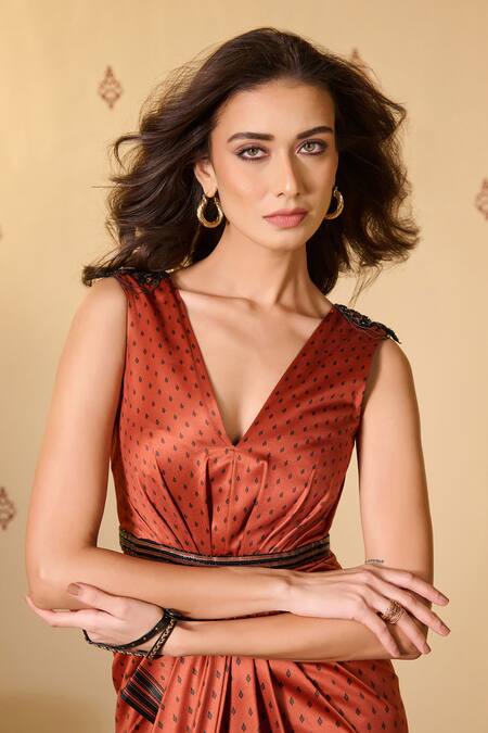 S&N By Shantnu Nikhil Orange Silk, Twill Beads, Applique V-neck Detailed Draped Dress Online at Aza Fashions S&N By Shantnu Nikhil_Orange Silk, Twill Beads, Applique V-neck Detailed Draped Dress_Online_at_Aza_Fashions
