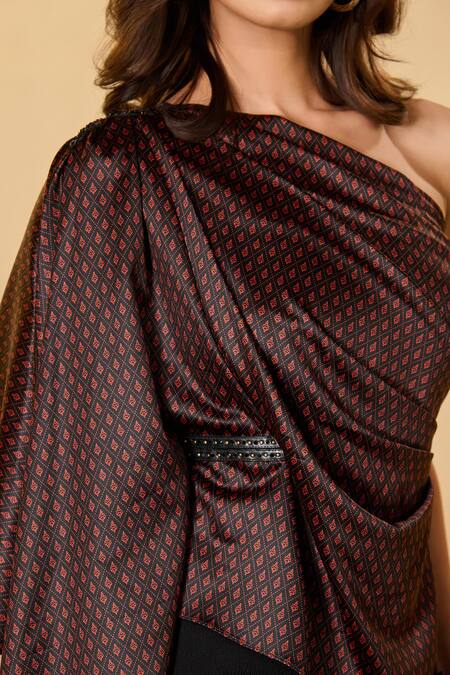 S&N By Shantnu Nikhil Brown Silk, Twill Beads One Shoulder Adamas Print Draped Top Online at Aza Fashions S&N By Shantnu Nikhil_Brown Silk, Twill Beads One Shoulder Adamas Print Draped Top_Online_at_Aza_Fashions