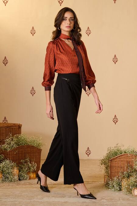 Buy S&N By Shantnu Nikhil Orange Silk, Twill Adamas Print Tie-up Neck Top Online at Aza Fashions Buy_S&N By Shantnu Nikhil_Orange Silk, Twill Adamas Print Tie-up Neck Top_Online_at_Aza_Fashions