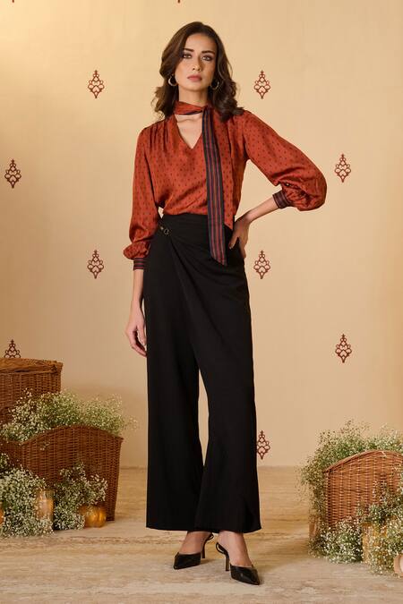 Shop S&N By Shantnu Nikhil Orange Silk, Twill Adamas Print Tie-up Neck Top Online at Aza Fashions Shop_S&N By Shantnu Nikhil_Orange Silk, Twill Adamas Print Tie-up Neck Top_Online_at_Aza_Fashions