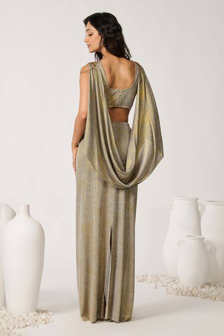 Shop S&N By Shantnu Nikhil Gold Polyester V-neck Draped Shoulder Gown at Aza Fashions Shop_S&N By Shantnu Nikhil_Gold Polyester V-neck Draped Shoulder Gown_at_Aza_Fashions