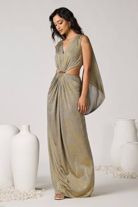 Shop S&N By Shantnu Nikhil Gold Polyester V-neck Draped Shoulder Gown Online at Aza Fashions Shop_S&N By Shantnu Nikhil_Gold Polyester V-neck Draped Shoulder Gown_Online_at_Aza_Fashions