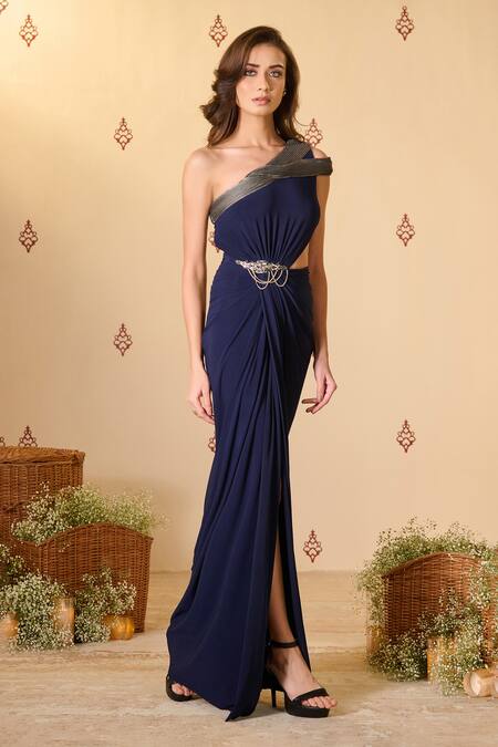 S&N By Shantnu Nikhil_Blue Jersey Chains One Shoulder Draped Gown_Online_at_Aza_Fashions