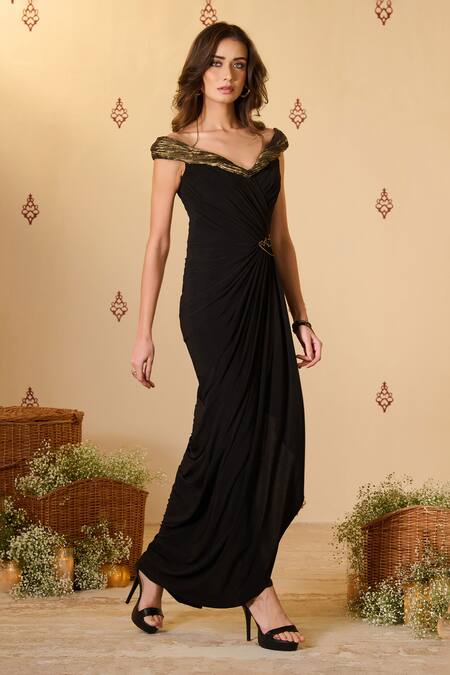 Shop S&N By Shantnu Nikhil Black Spandex, Jersey V-neck, Off-shoulder Embellished Waist Gown Online at Aza Fashions Shop_S&N By Shantnu Nikhil_Black Spandex, Jersey V-neck, Off-shoulder Embellished Waist Gown_Online_at_Aza_Fashions