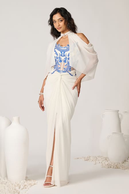 S&N by Shantnu Nikhil Off White Shimmer Chiffon Printed Floral Round Corset Gown 