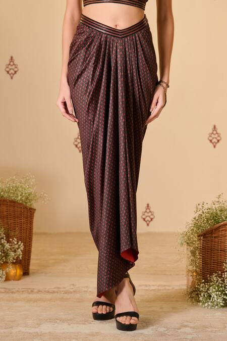 S&N By Shantnu Nikhil Brown Silk, Twill Beads Adamas Print Draped Skirt Online at Aza Fashions S&N By Shantnu Nikhil_Brown Silk, Twill Beads Adamas Print Draped Skirt_Online_at_Aza_Fashions