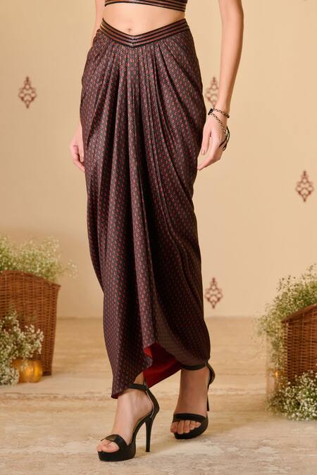 Buy S&N By Shantnu Nikhil Brown Silk, Twill Beads Adamas Print Draped Skirt Online at Aza Fashions Buy_S&N By Shantnu Nikhil_Brown Silk, Twill Beads Adamas Print Draped Skirt_Online_at_Aza_Fashions