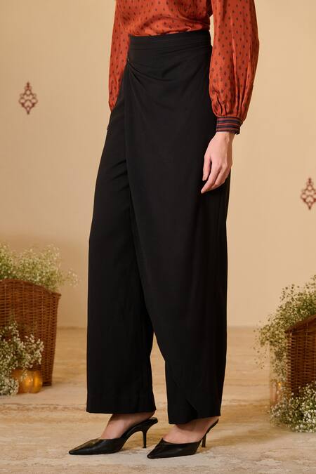Buy_S&N By Shantnu Nikhil_Black Rayon, Twill Draped Flared Pant _Online_at_Aza_Fashions