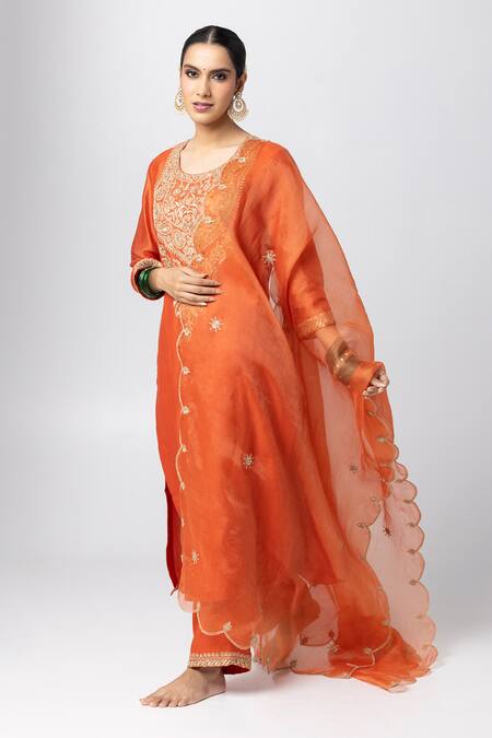 Buy_Pants And Pajamas_Orange Silk Organza Zari, Sequins Scallop Trimmed Border Dupatta _Online_at_Aza_Fashions
