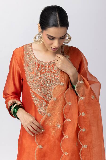 Shop_Pants And Pajamas_Orange Silk Organza Zari, Sequins Scallop Trimmed Border Dupatta _Online_at_Aza_Fashions