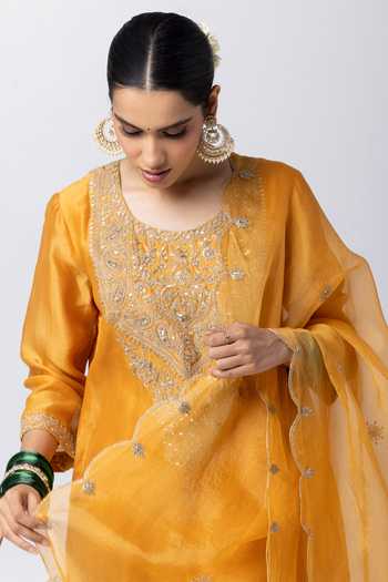 Pants And Pajamas Yellow Silk Organza Sequins, Zari Scallop Trimmed Border Dupatta at Aza Fashions Pants And Pajamas_Yellow Silk Organza Sequins, Zari Scallop Trimmed Border Dupatta _at_Aza_Fashions