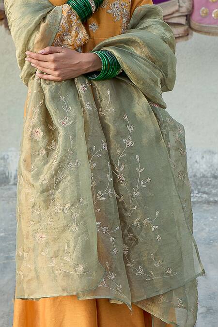 Buy_Pants And Pajamas_Green Tissue, Silk Zari Floral Hand Embroidered Dupatta _Online_at_Aza_Fashions