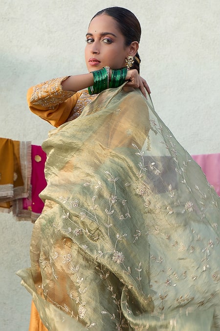 Shop_Pants And Pajamas_Green Tissue, Silk Zari Floral Hand Embroidered Dupatta _Online_at_Aza_Fashions