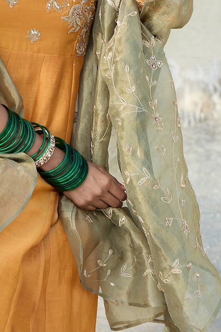 Pants And Pajamas_Green Tissue, Silk Zari Floral Hand Embroidered Dupatta _at_Aza_Fashions