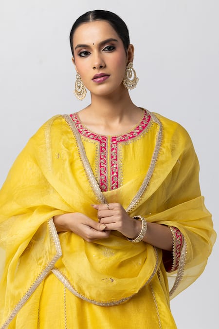 Shop Pants And Pajamas Yellow Silk Organza Zari Hand Embroidered Border Dupatta at Aza Fashions Shop_Pants And Pajamas_Yellow Silk Organza Zari Hand Embroidered Border Dupatta _at_Aza_Fashions