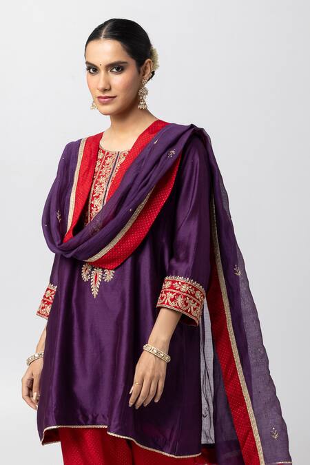 Pants And Pajamas_Purple Chanderi Embroidery Mull Contrast Lace Border Dupatta _Online_at_Aza_Fashions