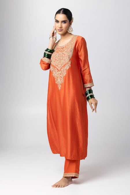 Pants And Pajamas_Orange Silk, Chanderi Zari, Sequins Round Neck Floral Embroidered Kurta _Online_at_Aza_Fashions