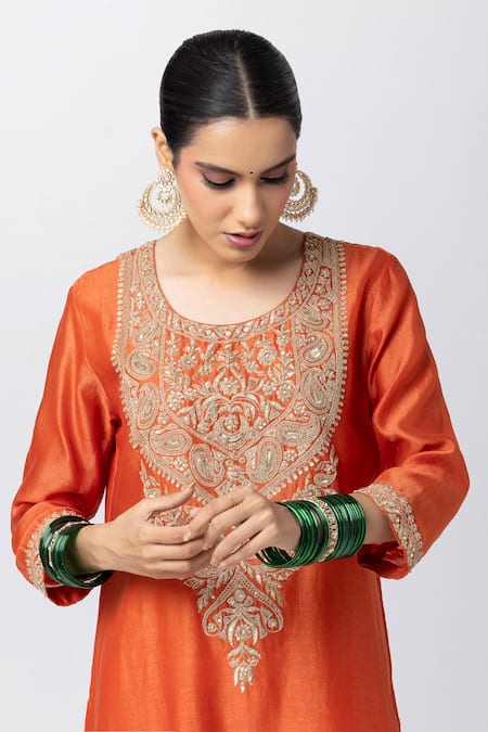Buy_Pants And Pajamas_Orange Silk, Chanderi Zari, Sequins Round Neck Floral Embroidered Kurta _Online_at_Aza_Fashions