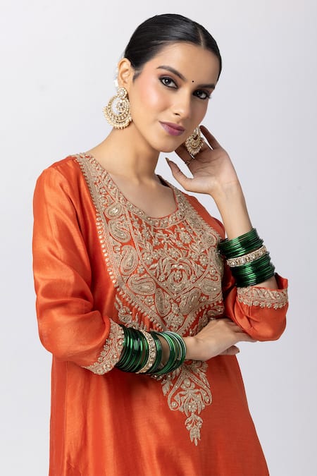 Shop_Pants And Pajamas_Orange Silk, Chanderi Zari, Sequins Round Neck Floral Embroidered Kurta _Online_at_Aza_Fashions