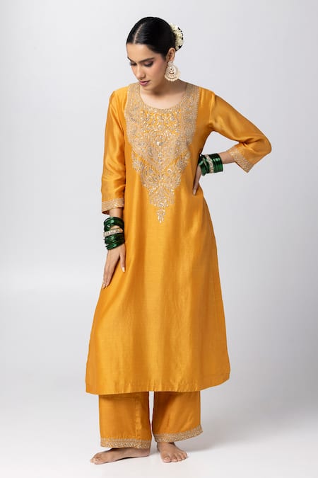 Pants And Pajamas_Yellow Silk, Cotton Zari, Sequins Round Neck Floral Kurta _Online_at_Aza_Fashions