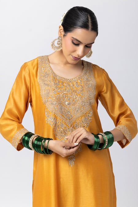 Buy_Pants And Pajamas_Yellow Silk, Cotton Zari, Sequins Round Neck Floral Kurta _Online_at_Aza_Fashions