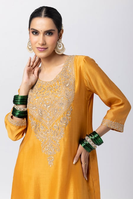 Shop_Pants And Pajamas_Yellow Silk, Cotton Zari, Sequins Round Neck Floral Kurta _Online_at_Aza_Fashions