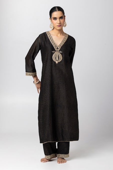 Buy_Pants And Pajamas_Black Silk, Cotton Zari, Sequins V-neck Chanderi Embroidered Kurta _Online_at_Aza_Fashions
