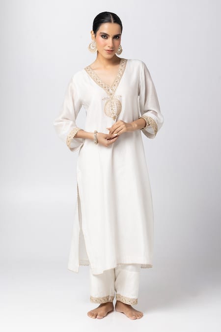 Pants and Pajamas Silk Chanderi Embroidered Straight Kurta 