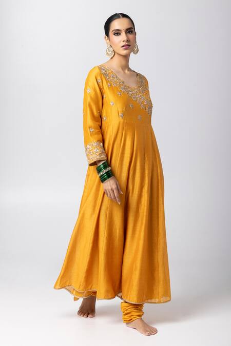 Pants And Pajamas_Yellow Silk, Chanderi, Voile Sequins, Zari V-neck Floral Embroidered Anarkali _Online_at_Aza_Fashions
