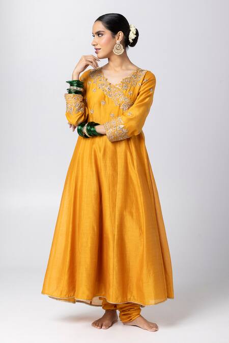 Buy_Pants And Pajamas_Yellow Silk, Chanderi, Voile Sequins, Zari V-neck Floral Embroidered Anarkali _Online_at_Aza_Fashions
