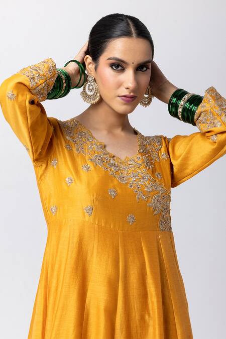Shop_Pants And Pajamas_Yellow Silk, Chanderi, Voile Sequins, Zari V-neck Floral Embroidered Anarkali _Online_at_Aza_Fashions