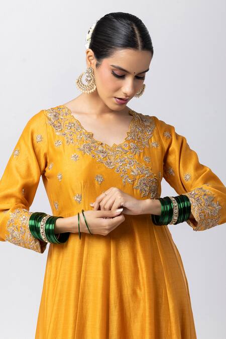 Pants And Pajamas_Yellow Silk, Chanderi, Voile Sequins, Zari V-neck Floral Embroidered Anarkali _at_Aza_Fashions