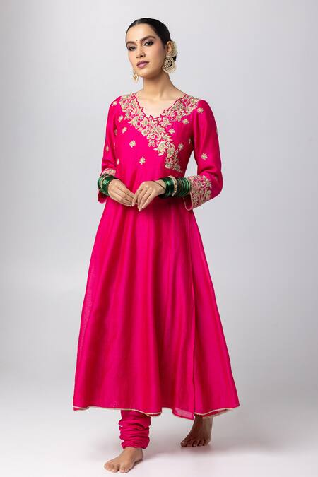 Pants And Pajamas_Pink Silk, Chanderi, Voile Embroidery V-neck Hand Anarkali _Online_at_Aza_Fashions