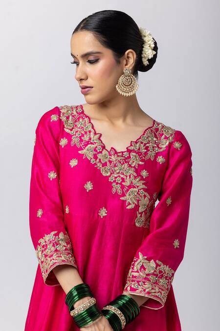 Buy_Pants And Pajamas_Pink Silk, Chanderi, Voile Embroidery V-neck Hand Anarkali _Online_at_Aza_Fashions