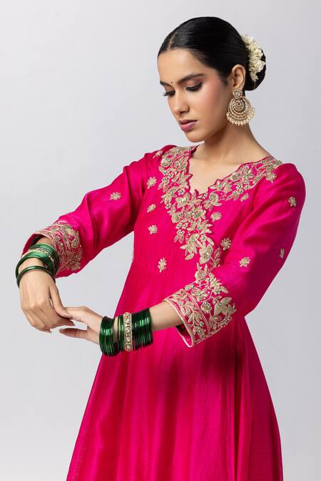 Shop_Pants And Pajamas_Pink Silk, Chanderi, Voile Embroidery V-neck Hand Anarkali _Online_at_Aza_Fashions