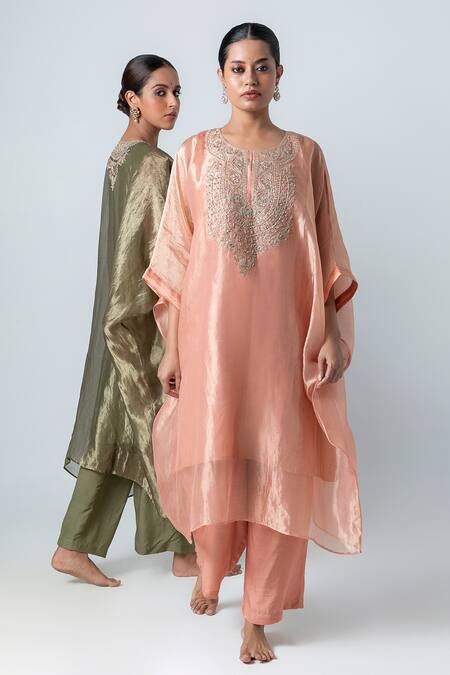 Pants And Pajamas Pink Cotton, Silk, Tissue Sequins, Zari Round Neck Hand Embroidered Kaftan Online at Aza Fashions Pants And Pajamas_Pink Cotton, Silk, Tissue Sequins, Zari Round Neck Hand Embroidered Kaftan _Online_at_Aza_Fashions