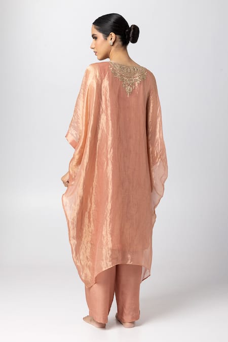 Shop Pants And Pajamas Pink Cotton, Silk, Tissue Sequins, Zari Round Neck Hand Embroidered Kaftan at Aza Fashions Shop_Pants And Pajamas_Pink Cotton, Silk, Tissue Sequins, Zari Round Neck Hand Embroidered Kaftan _at_Aza_Fashions